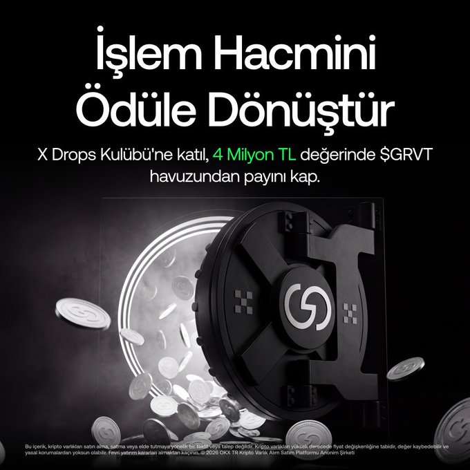 A promotional image features a black vault door opening to spill out coins, with bold text in Turkish reading "İşlem Hacmini Ödüle Dönüştür" (Turn Trading Volume into Rewards), promoting an X Drops event with "4 Milyon TL değerinde $GRVT havuzundan payını kap" (grab your share from the GRVT pool worth 4 million TL), illustrating the post's announcement of an OKX X Drops campaign rewarding users based on trading volume.