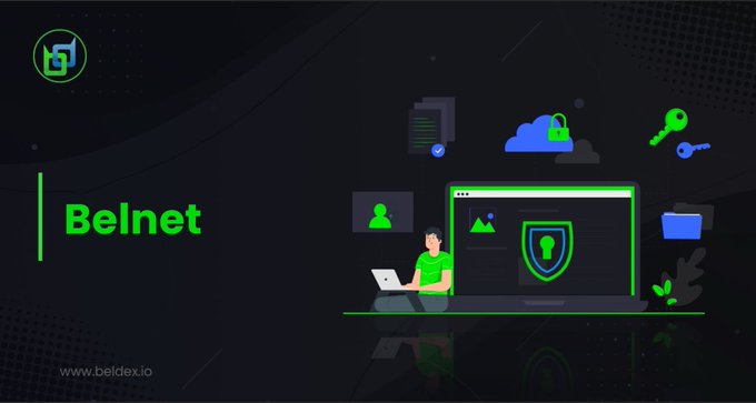 A dark-themed promotional graphic for "Belnet" featuring green and blue tech icons (shield, cloud lock, keys, user, folder) and an illustration of a person at a laptop, with the URL "www.beldex.io" displayed.