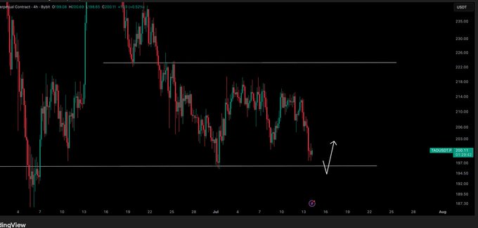 A TradingView chart of TAO/USDT on the 4-hour timeframe shows the price approaching the lower boundary of a trading range near $200.11, with a hand-drawn arrow indicating an anticipated dip-and-pump pattern at the range low support.