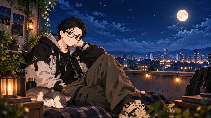An anime-style illustration of a young man with glasses relaxing on a rooftop at night under a full moon, with a city skyline in the background, string lights, plants, and a sleeping cat beside him.