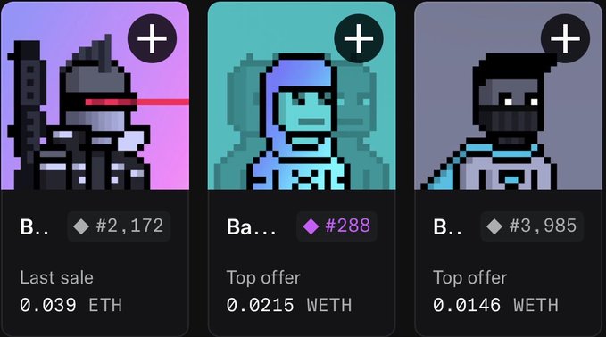 Three NFT marketplace listings featuring pixel art characters (a knight, a blue-haired figure, and a dark-haired man) with prices shown in ETH, including last sale 0.039 ETH, top offer 0.0215 WETH, and top offer 0.0146 WETH.