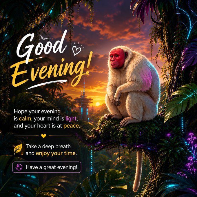A serene digital greeting card featuring a white-faced monkey sitting on a mossy perch at sunset, with the text 'Good Evening!' and an inspirational message about calm and peace.