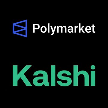 The image displays the logos of prediction market platforms Polymarket (in blue) and Kalshi (in green) against a black background. This visual ties to the post's report on the combined 75% growth in monthly trading volume between these two platforms, which together processed nearly $45 billion in trades during June.