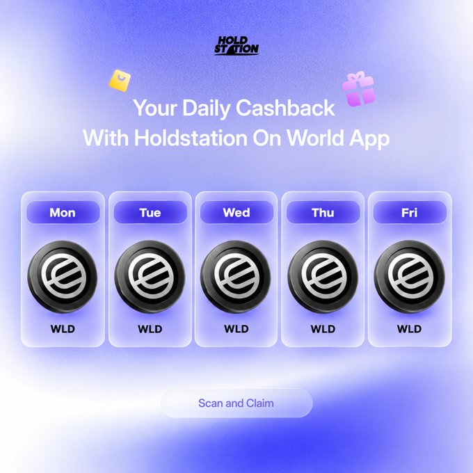 A promotional graphic for Holdstation on the World App offers daily cashback rewards, displaying five WLD token vouchers for Mon-Fri with a "Scan and Claim" button. The image illustrates the daily voucher rewards mentioned in the post, encouraging users to engage with the mini-app to earn WLD tokens and special drops.
