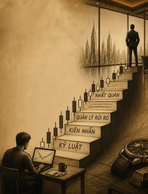 A sepia-toned illustration depicts a man working at a laptop at the base of a staircase, with each step labeled with Vietnamese text: 'KỶ LUẬT', 'KIÊN NHẪN', 'QUẢN LÝ RỦI RO', and 'NHẤT QUÁN', leading up to a figure overlooking a city skyline.