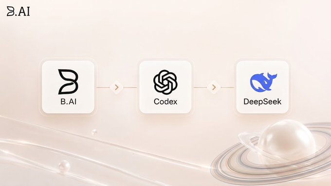 A beige graphic showing a sequence of three AI platform logos connected by arrows: "B.AI", "Codex", and "DeepSeek", with a pearl on rings at the bottom right.