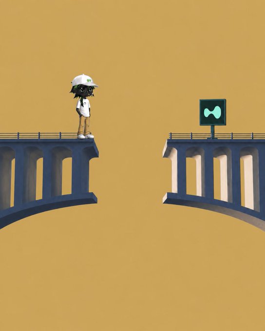 A 3D-rendered artwork of a character in a white cap and jacket standing at the edge of a broken bridge, looking across a gap toward a sign displaying the HIVE cryptocurrency logo.