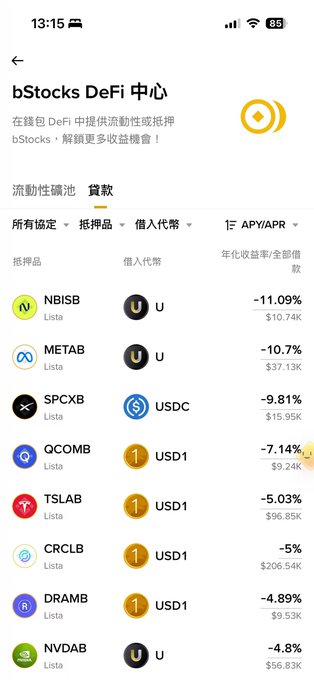 A screenshot of the bStocks DeFi center app showing a borrowing list with tokens like NBISB, METAB, SPCXB, and others, displaying negative APYAPR percentages and loan amounts.