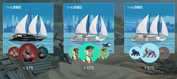 Three NFT cards from a collection labeled 'THE B0ID2', each depicting a sailboat with a city skyline and various Bored Ape character icons beneath, all priced at 175.