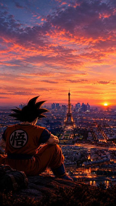 An anime-style illustration of Goku from Dragon Ball sitting on a hill overlooking Paris, with the Eiffel Tower and a vibrant orange sunset sky.