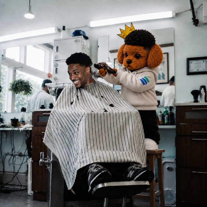 A smiling man sits in a barber chair getting his hair cut by a person in a large brown dog mascot costume wearing a crown, in a barbershop setting. The whimsical, lighthearted image complements the post's promotional shoutout to "GM $ANSEM & $MEELO holders" in crypto communities, where such fun visuals are often shared alongside community greetings.