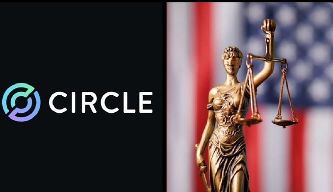 The Circle logo appears next to the statue of Lady Justice, juxtaposing the $73B stablecoin issuer with legal proceedings. This visual pairing highlights the accusations of Circle refusing to aid law enforcement in recovering stolen USDC from scam victims.