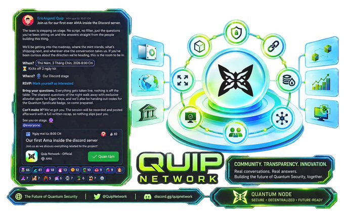 A Discord message from 'EricArgent Quip' for 'QUIP NETWORK' asking 'Our first Ama inside the discord server', surrounded by tech-themed icons and a 'QUANTUM NODE' logo.