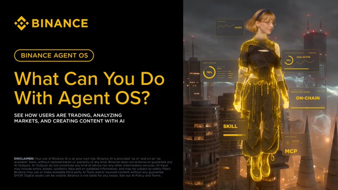 A Binance promotional graphic for "Binance Agent OS" features the headline "What Can You Do With Agent OS?" and displays a futuristic female figure with glowing yellow digital lines, surrounded by floating interface panels showing metrics like "77%", "+8.9%", "ON-CHAIN," "SKILL," and "MCP." The post highlights user examples like buying BNB via Codex and building BTC trading strategies with Claude, emphasizing the platform's new AI product capabilities.