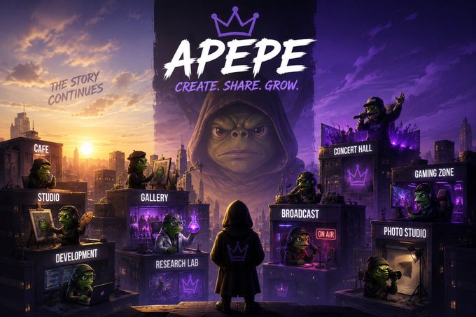 A hooded ape figure stands overlooking a purple-hued kingdom featuring labeled hubs like Café, Studio, Gallery, Broadcast, Concert Hall, Gaming Zone, and Photo Studio—visually capturing APEPE's tagline "Create. Share. Grow." and the post's message that "Every creator has a place. Every idea has a home."