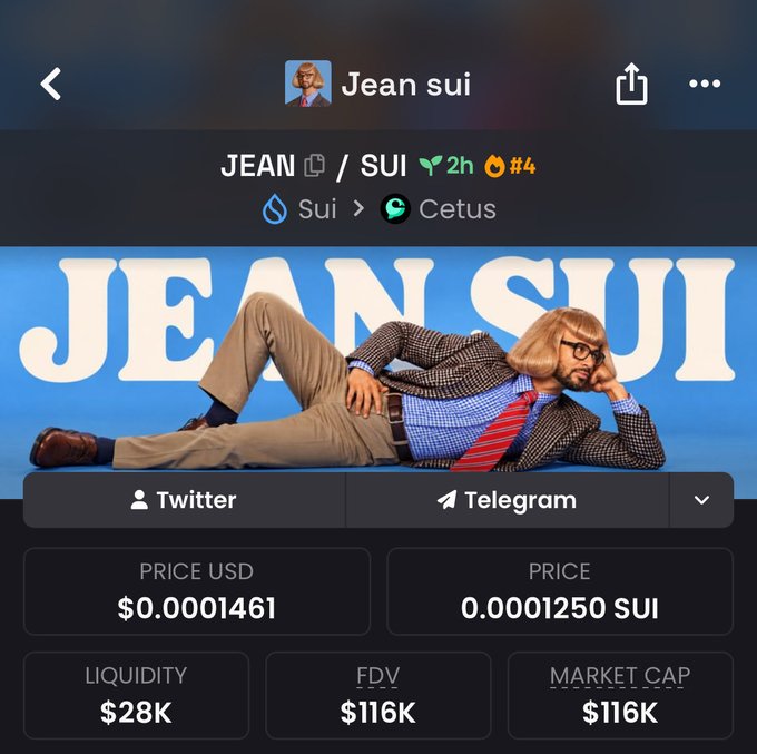 A cryptocurrency trading interface displays the 'Jean sui' token on the Sui network via Cetus, showing JEAN/SUI pair with a price of $0.0001461 USD and market cap of $116K.