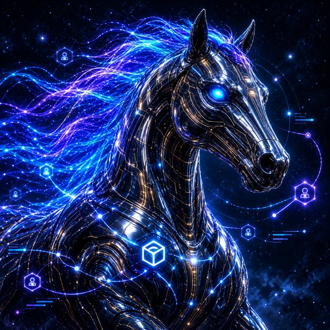 A digital artwork of a metallic horse with flowing blue and purple neon mane, featuring glowing blue eyes, set against a starry background with hexagonal user icons floating around it.
