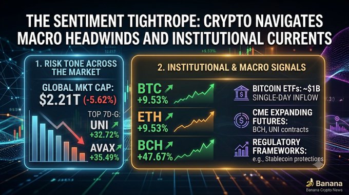 A financial infographic titled 'THE SENTIMENT TIGHTROPE: CRYPTO NAVIGATES MACRO HEADWINDS AND INSTITUTIONAL CURRENTS', showing market data for BTC (+9.53%), ETH (+9.53%), and BCH (+47.67%) by Banana Crypto News.