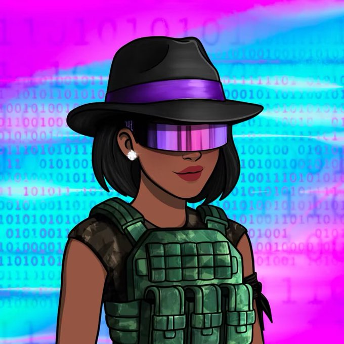 A digital artwork of a female character wearing a black fedora with a purple band, futuristic purple visor sunglasses, and a green tactical vest, set against a glitchy pink and blue binary code background.