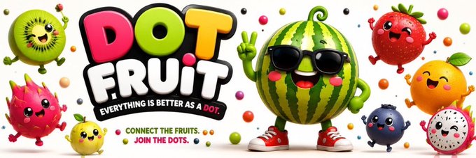 This image features the "DOT FRUIT" logo with anthropomorphic fruits and the tagline "EVERYTHING IS BETTER AS A DOT." It visually represents the concept described in the post, showcasing various cute, dot-like fruits.
