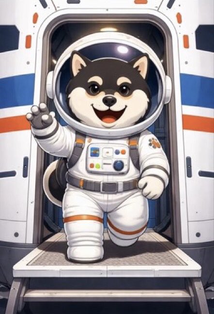 An illustration of a smiling Shiba Inu dog wearing a white astronaut suit with orange stripes, waving while standing in a spacecraft doorway.