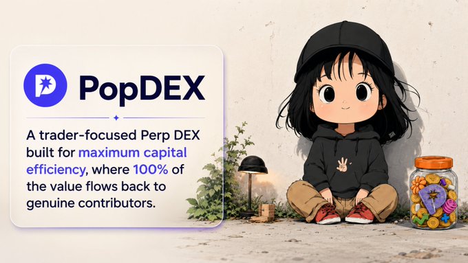 A promotional graphic for 'PopDEX' describing it as 'A trader-focused Perp DEX built for maximum capital efficiency, where 100% of the value flows back to genuine contributors,' featuring an anime-style character in a black hoodie next to a jar of coins.