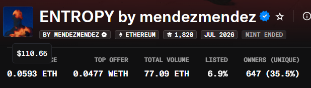 Screenshot of an NFT listing titled 'ENTROPY by mendezmendez' on the Ethereum blockchain, showing a top offer of 0.0477 WETH, total volume of 77.09 ETH, and 647 unique owners.