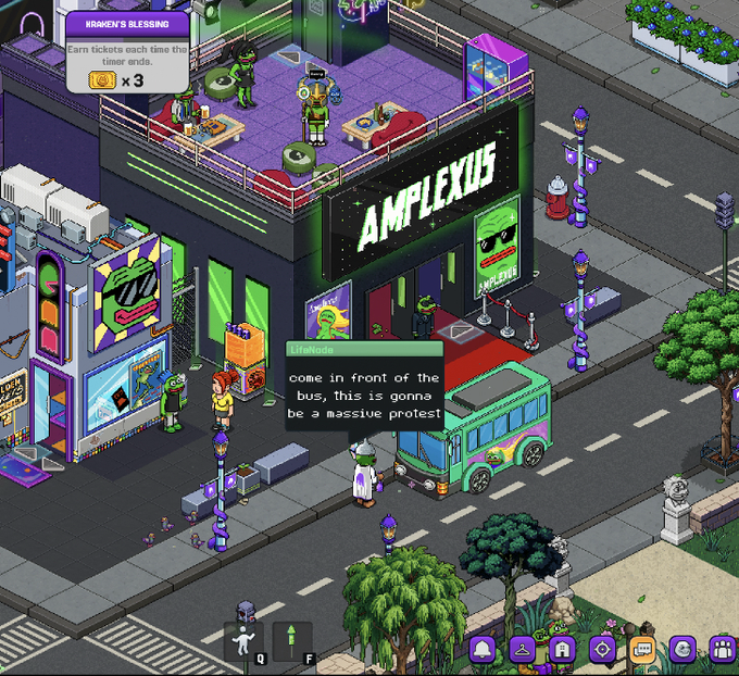 A pixel-art video game scene showing a neon-lit urban street with an 'AMPLEXUS' nightclub, a colorful bus, and a dialogue bubble from 'Mafuyu' saying 'come in front of the bus, this is gonna be a massive protest.'