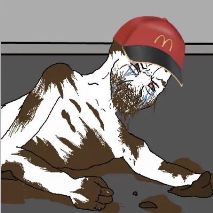 A distressed, mud-covered figure wearing a McDonald's cap crawls on the ground, symbolizing despair and rock-bottom conditions—fitting the post's reference to a 4-year cycle low approaching in 2 months, suggesting an imminent bottom that may or may not hold.