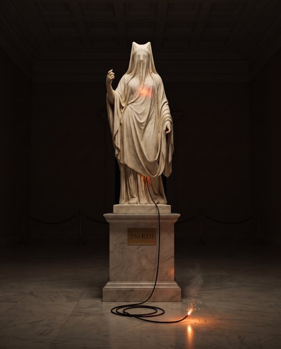 A hooded marble statue with a glowing chest cavity stands on a pedestal labeled "250 ETH" in a dimly lit gallery, with a black cord extending from the statue sparking on the floor. The image visually reinforces the post's theme by depicting an NFT-style sculpture with a hidden "armed" ignition point and detonation cord, mirroring the described Mythos system where armed statues detonate to spawn auracoins.