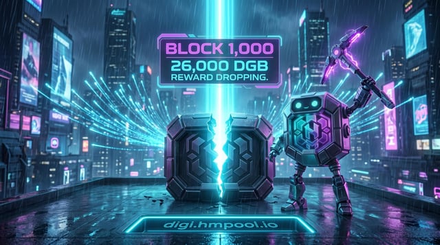 The image features a robot with a hammer in its hand standing next to two large blocks that are broken into pieces. The background of the image shows a cityscape at night, with neon lights illuminating the scene. A banner above the robot reads "Block 1,000 Block 100!". Below this banner is a post announcing that the 1,000th DGB Drop has been reached and suggesting that users should focus on what's in the image to understand its context better.