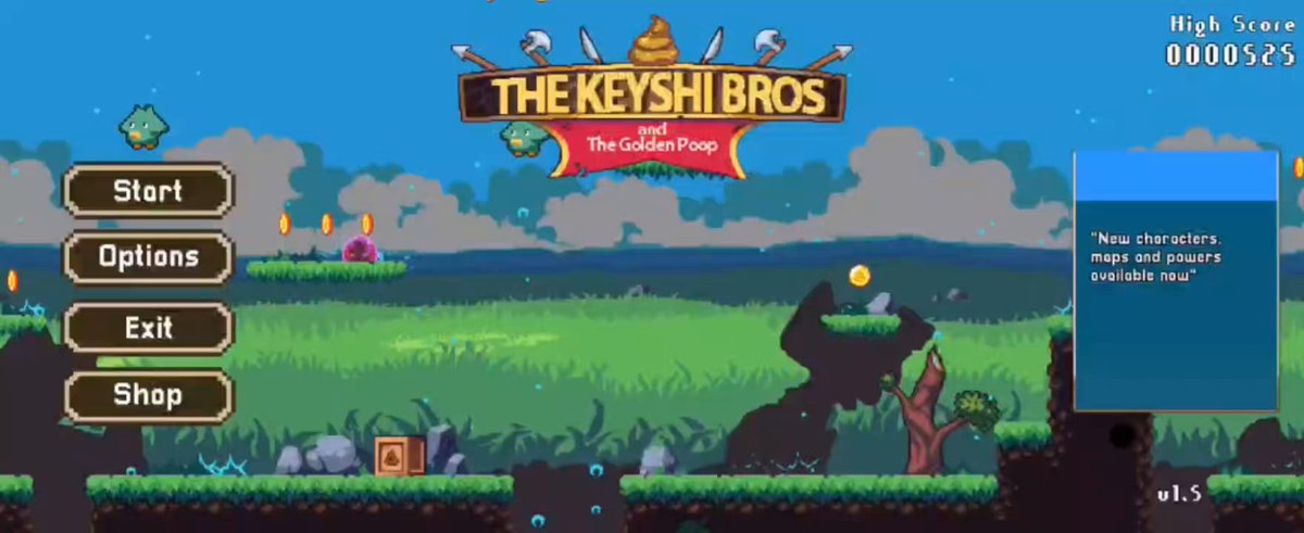 The image features a screenshot of a game called "The Keyshibros". The title screen shows that the game is currently available for release, with an exit button to the left side. Additionally, there are three options displayed at the top right corner, each representing different gameplay styles or difficulty levels. Above the game's title, there is a description of what the game is about and its features, including an 'action figure' that allows players to interact with their characters in the game.