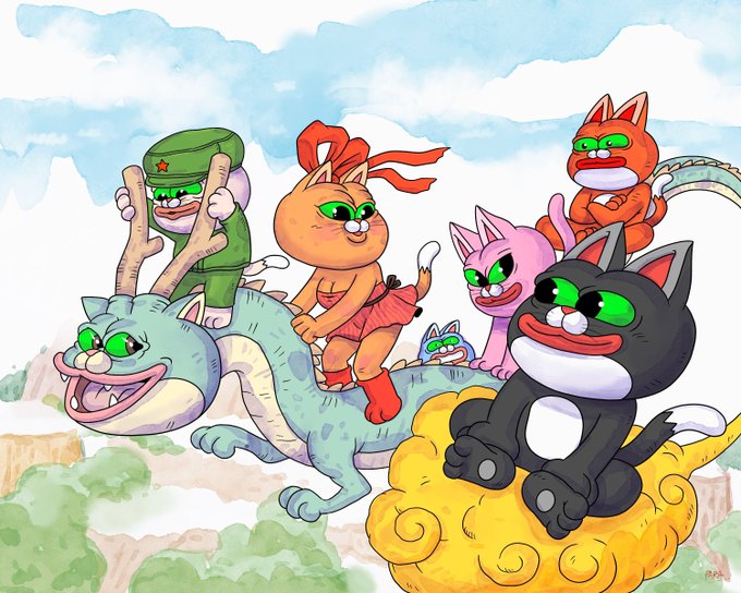 A colorful illustration features several cartoon cats with glowing green eyes riding on a dragon-like creature and a golden cloud.