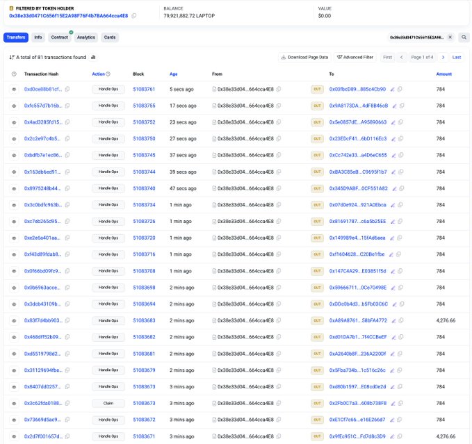 A blockchain transaction history page showing 81 transactions for token holder 0x38e330d471c658f15e22a987f64b78a646cce4e8 with a balance of 79,921,882.72 LAPTOP, displaying recent handle operations sending 784 token amounts.