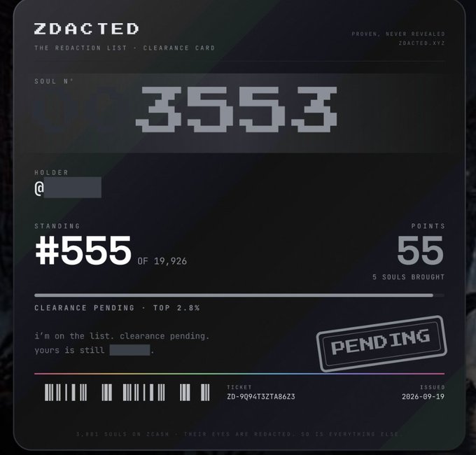A dark-themed digital 'REDACTED' clearance card showing Soul Number 35553, holder rank #555 of 19,926, and 5 souls sent, marked as 'PENDING' clearance.