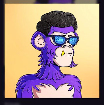 A digital illustration of a purple ape NFT character with a black pompadour hairstyle and blue sunglasses, holding a banana in its mouth.