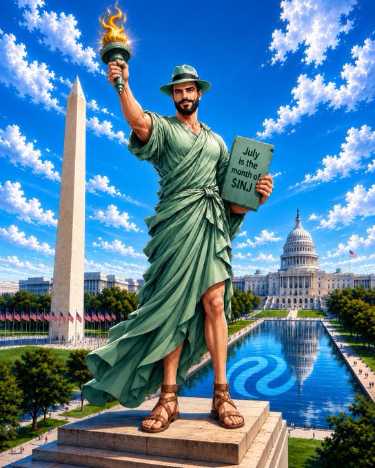 A stylized digital image of a statue resembling the Statue of Liberty holding a torch, but holding a sign reading 'July is the month of $INJ' with the US Capitol and Washington Monument in the background.