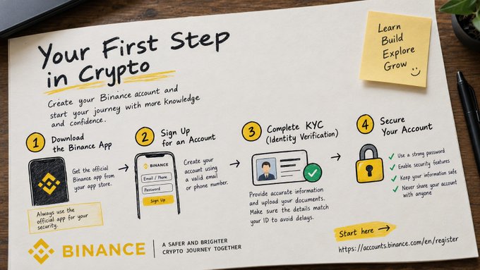 A handwritten-style infographic outlines "Your First Step in Crypto," detailing four setup steps for a Binance account: (1) Download the Binance App, (2) Sign Up for an Account, (3) Complete KYC (Identity Verification), and (4) Secure Your Account with tips like using a strong password and 2FA. The visual reinforces the post's guidance by providing a clear, beginner-friendly checklist to safely start a crypto journey on Binance, with a "Start here" link directing users to accounts.binance.com/en/register.