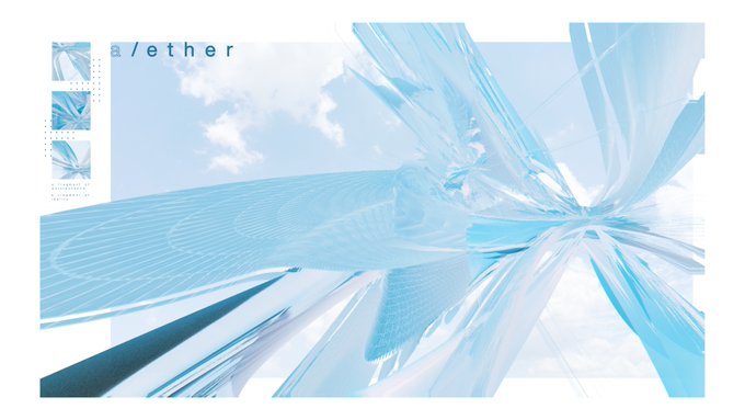 The image features a large, abstract blue structure with multiple lines and curves that appear to be made of glass or other transparent materials. The background of the image is white, which contrasts with the blue color of the structure. The text "a / e t h e r" can also be seen in the image.