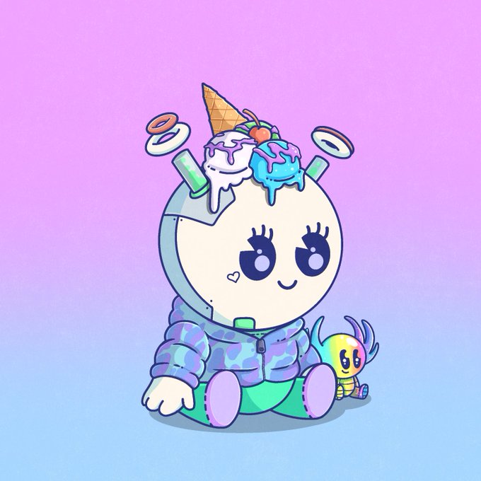 Cute cartoon character with a head shaped like a bowl of ice cream topped with cherries and a wafer cone, sitting next to a small colorful creature on a gradient background.