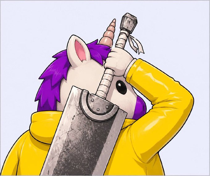 An illustration of an anime-style unicorn character with purple hair and a horn, wearing a yellow jacket, holding a large gray sword up to its face against a light blue background.