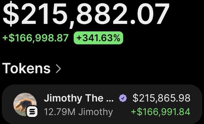 A screenshot of a portfolio tracker displaying a $215,882.07 balance with a +$166,998.87 (+341.63%) gain, showing the trader holding 12.79M $Jimothy tokens worth $215,865.98 with an unrealized profit of +$166,991.84, illustrating the massive returns from the $Jimothy call mentioned in the post.