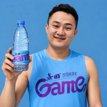 A smiling man in a blue Ganten-branded tank top holds up a bottle of Ganten drinking water against a solid blue background.