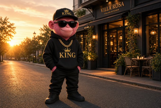 A stylish monkey plush character wearing a black "KING" cap, sunglasses, a gold chain, and a black hoodie with "KING" printed on it stands on a street at sunset outside "VILLA ROSA Italian Kitchen." The image playfully reinforces the "GM CT" (Good Morning Crypto Traders) post by showcasing a "king" figure ready to greet the trading day.
