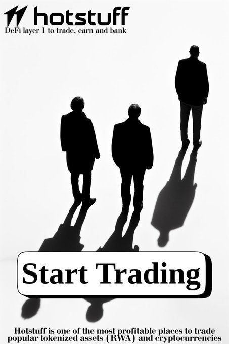 The image features a promotional graphic for "Hotstuff," branded as a "DeFi layer 1 to trade, earn and bank," with three business-suited silhouettes standing together above a bold "Start Trading" button. The caption notes that Hotstuff is "one of the most profitable places to trade popular tokenized assets (RWA) and cryptocurrencies," which visually reinforces the post's message about capital efficiency by representing professional traders leveraging the platform's cross-exchange collateral advantages.