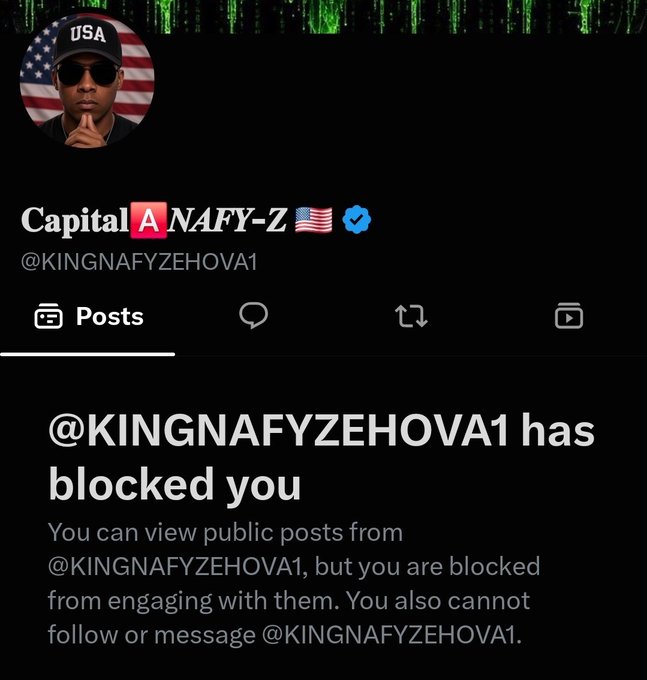 A Twitter/X screenshot showing a profile "Capital ANAFY-Z" (@KINGNAFYZEHOVA1) with a message stating "@KINGNAFYZEHOVA1 has blocked you," preventing engagement with their posts.