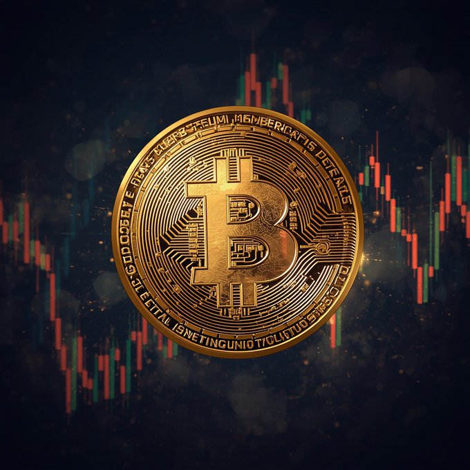 A gold Bitcoin coin displayed against a background of red and green cryptocurrency trading chart candlesticks.