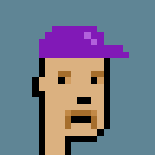 A pixel art illustration of a man's face wearing a purple cap against a blue background.