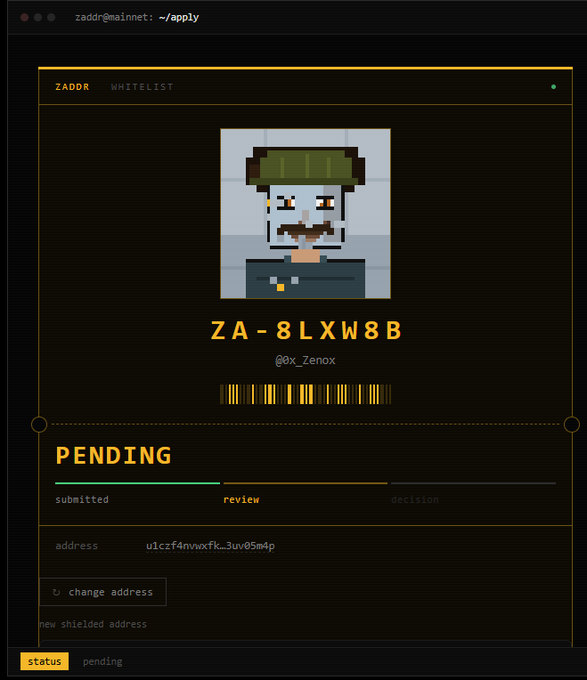 A ZADDR whitelist terminal interface showing a pending application with username '@0x_Zenox', ID 'ZA-8LXW8B', and a pixel art character avatar with a green helmet.