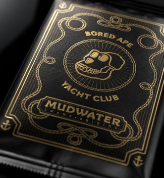 Black packaging with gold foil design featuring the Bored Ape Yacht Club logo and 'MUDWATER' branding.